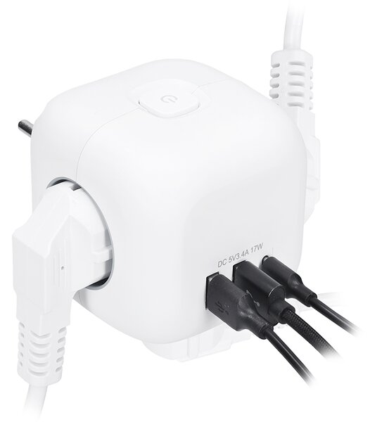 SOLIGHT Rozbočka kostka, 3x 16A + USB A+C, bílá, vypínač