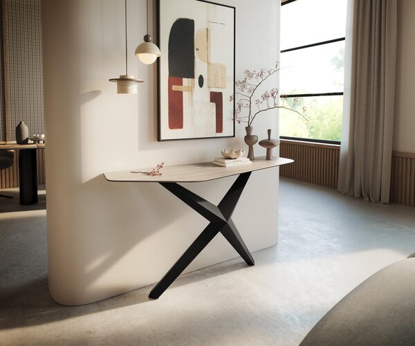 DELIFE Konzolový stůl Edge polygonální 140×50 cm keramika Laminam® Travertino Bianco krémově bílá Zentharo kov černá