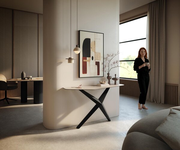 DELIFE Konzolový stůl Edge polygonální 140×50 cm keramika Laminam® Travertino Bianco krémově bílá Zentharo kov černá