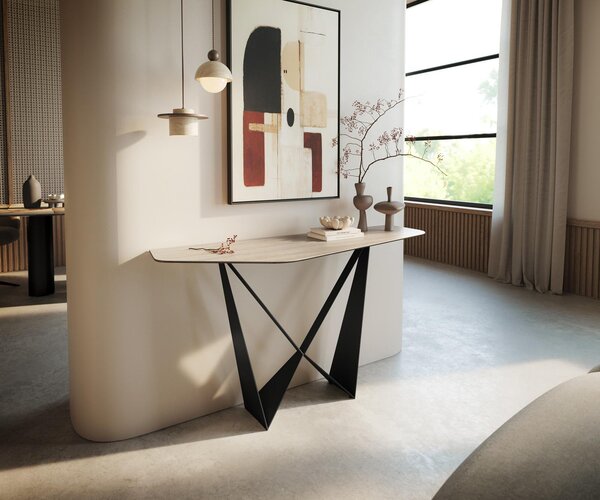 DELIFE Konzolový stůl Edge polygonální 140×50 cm keramika Laminam® Travertino Bianco krémově bílá Spios kov černá