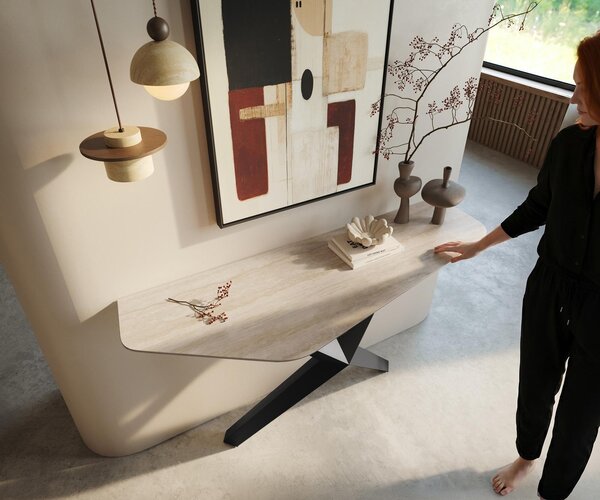 DELIFE Konzolový stůl Edge polygonální 140×50 cm keramika Laminam® Travertino Bianco krémově bílá Zentharo kov černá