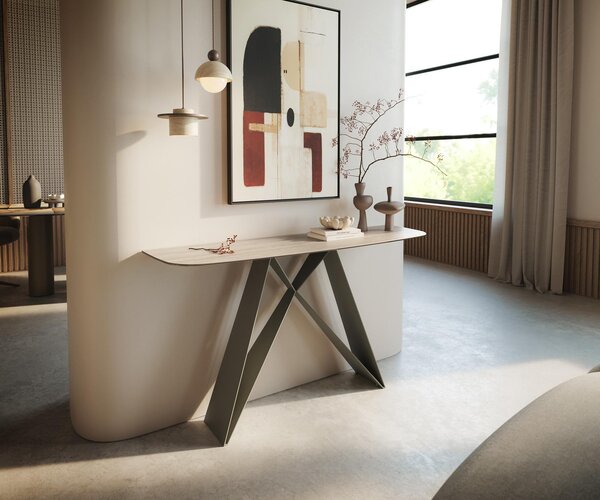 DELIFE Konzolový stůl Edge oválný tvar 140×40 cm keramika Laminam® Travertino Bianco krémově bílá Velio kov titanová barva