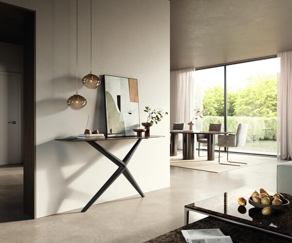 DELIFE Konzolový stůl Edge oválný tvar 140×40 cm keramika Emperador Extra Lucidato tmavě hnědá Estelo kov černá