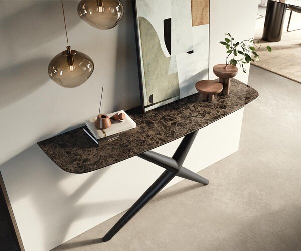 DELIFE Konzolový stůl Edge oválný tvar 140×40 cm keramika Emperador Extra Lucidato tmavě hnědá Estelo kov černá