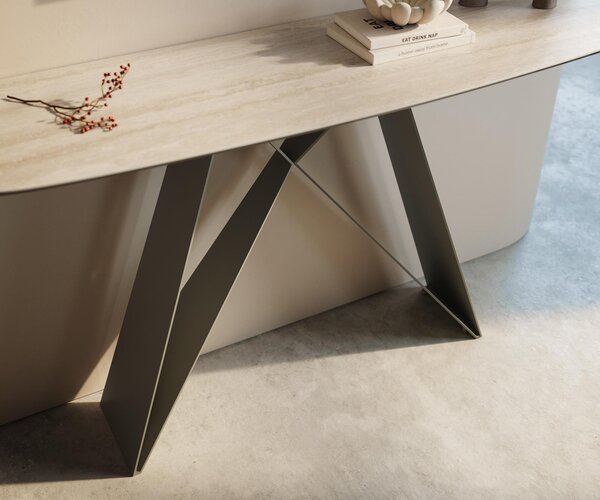 DELIFE Konzolový stůl Edge oválný tvar 140×40 cm keramika Laminam® Travertino Bianco krémově bílá Velio kov titanová barva