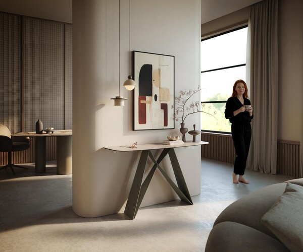 DELIFE Konzolový stůl Edge oválný tvar 140×40 cm keramika Laminam® Travertino Bianco krémově bílá Velio kov titanová barva