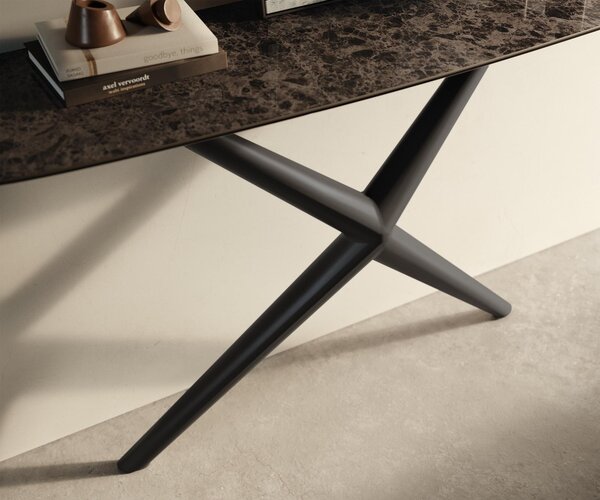 DELIFE Konzolový stůl Edge oválný tvar 140×40 cm keramika Emperador Extra Lucidato tmavě hnědá Estelo kov černá