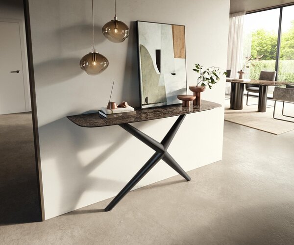 DELIFE Konzolový stůl Edge oválný tvar 140×40 cm keramika Emperador Extra Lucidato tmavě hnědá Estelo kov černá