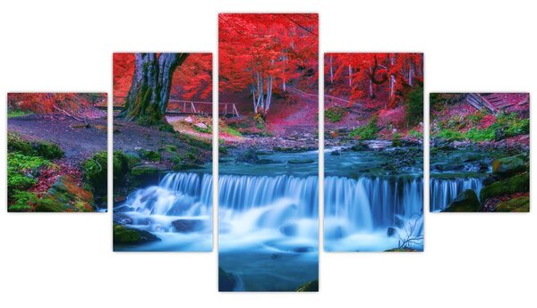 Obraz vodopádu v červeném lese (125x70 cm)