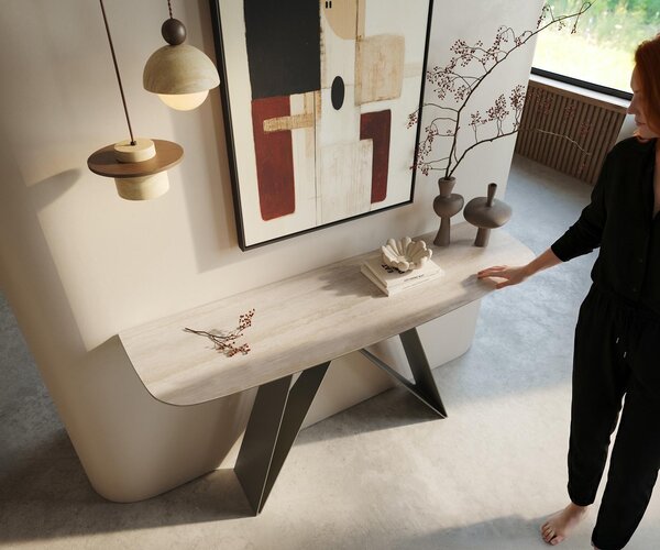 DELIFE Konzolový stůl Edge oválný tvar 140×40 cm keramika Laminam® Travertino Bianco krémově bílá Velio kov titanová barva
