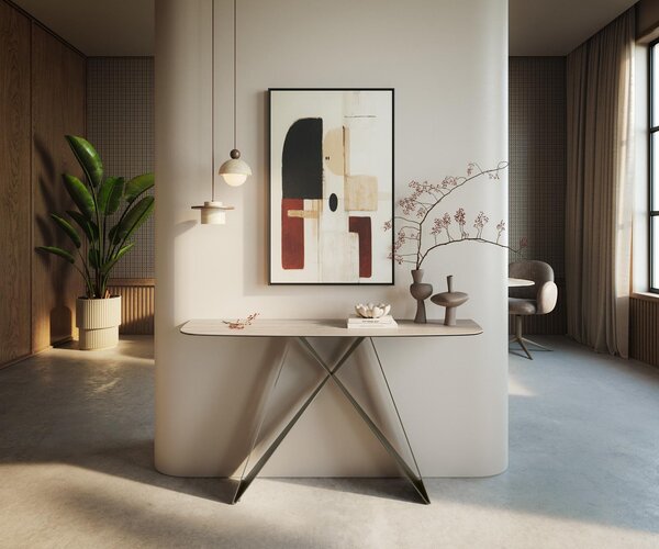 DELIFE Konzolový stůl Edge oválný tvar 140×40 cm keramika Laminam® Travertino Bianco krémově bílá Velio kov titanová barva