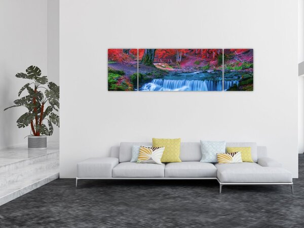 Obraz vodopádu v červeném lese (170x50 cm)