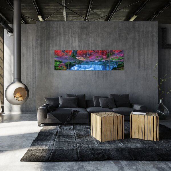 Obraz vodopádu v červeném lese (170x50 cm)