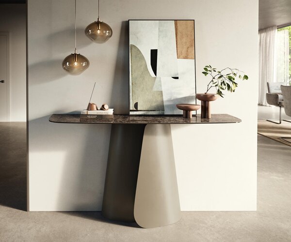 DELIFE Konzolový stůl Edge oválný 140×40 cm keramika Emperador Extra Lucidato tmavě hnědá Livos kov titanová barva
