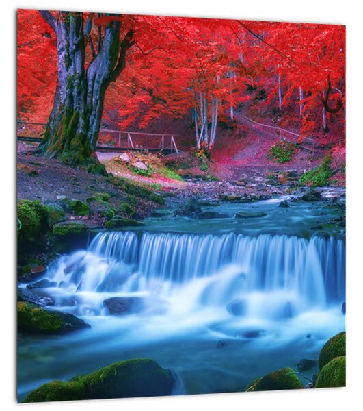 Obraz vodopádu v červeném lese (30x30 cm)