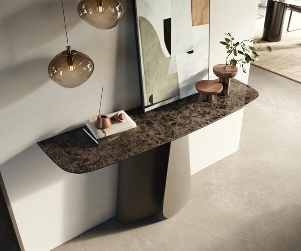 DELIFE Konzolový stůl Edge oválný 140×40 cm keramika Emperador Extra Lucidato tmavě hnědá Livos kov titanová barva