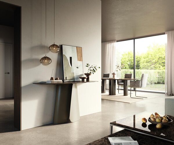 DELIFE Konzolový stůl Edge oválný 140×40 cm keramika Emperador Extra Lucidato tmavě hnědá Livos kov titanová barva