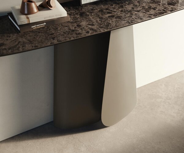 DELIFE Konzolový stůl Edge oválný 140×40 cm keramika Emperador Extra Lucidato tmavě hnědá Livos kov titanová barva