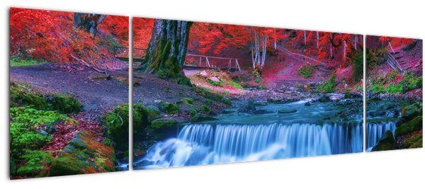Obraz vodopádu v červeném lese (170x50 cm)