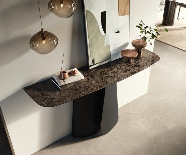 DELIFE Konzolový stůl Edge oválný tvar 140×40 cm keramika Emperador Extra Lucidato tmavě hnědá Livos kov černá