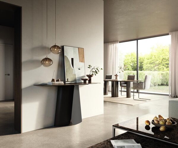 DELIFE Konzolový stůl Edge oválný tvar 140×40 cm keramika Emperador Extra Lucidato tmavě hnědá Livos kov černá