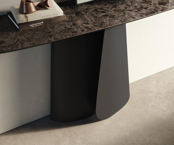 DELIFE Konzolový stůl Edge oválný tvar 140×40 cm keramika Emperador Extra Lucidato tmavě hnědá Livos kov černá