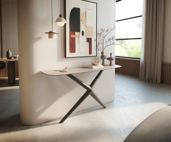 DELIFE Konzolový stůl Edge Boot 140×40 cm keramika Laminam® Travertino Bianco krémově bílá Estelo kov titanová barva