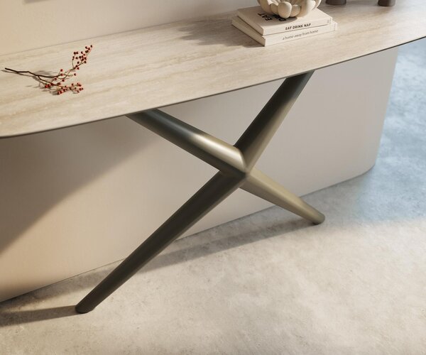 DELIFE Konzolový stůl Edge Boot 140×40 cm keramika Laminam® Travertino Bianco krémově bílá Estelo kov titanová barva
