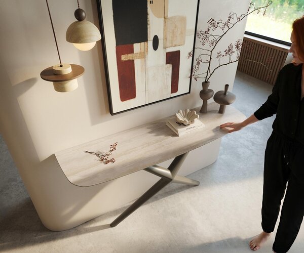 DELIFE Konzolový stůl Edge Boot 140×40 cm keramika Laminam® Travertino Bianco krémově bílá Estelo kov titanová barva