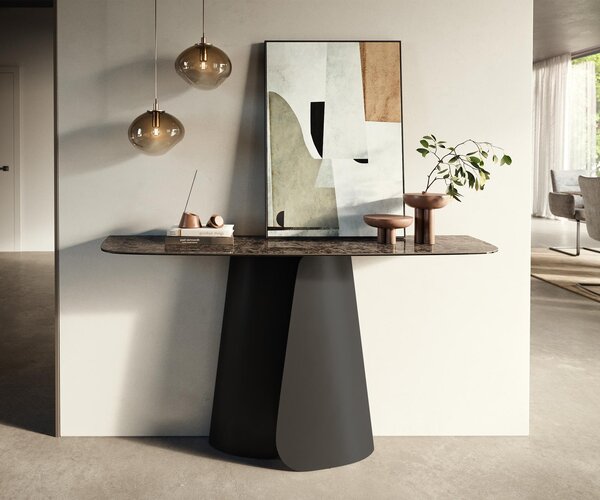 DELIFE Konzolový stůl Edge oválný tvar 140×40 cm keramika Emperador Extra Lucidato tmavě hnědá Livos kov černá