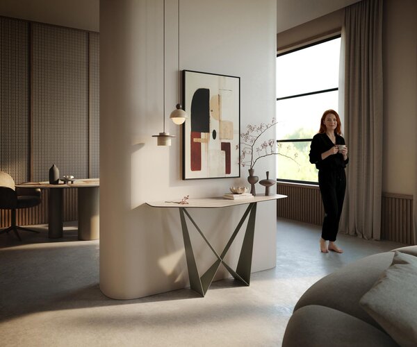 DELIFE Konzolový stůl Edge polygonální 140×50 cm keramika Laminam® Travertino Bianco krémově bílá Spios kov titanová barva