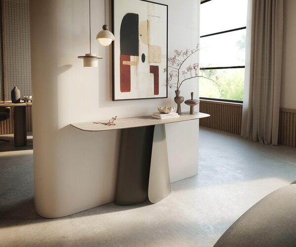 DELIFE Konzolový stůl Edge oválný tvar 140×40 cm keramika Laminam® Travertino Bianco krémově bílá Livos kov titanová barva