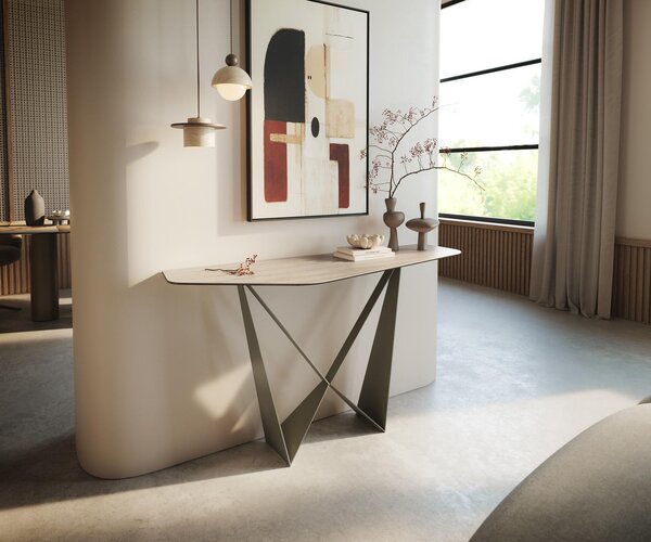 DELIFE Konzolový stůl Edge polygonální 140×50 cm keramika Laminam® Travertino Bianco krémově bílá Spios kov titanová barva