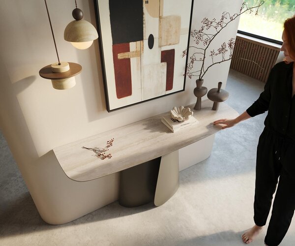 DELIFE Konzolový stůl Edge oválný tvar 140×40 cm keramika Laminam® Travertino Bianco krémově bílá Livos kov titanová barva