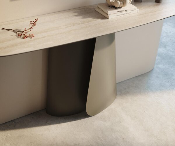 DELIFE Konzolový stůl Edge oválný tvar 140×40 cm keramika Laminam® Travertino Bianco krémově bílá Livos kov titanová barva
