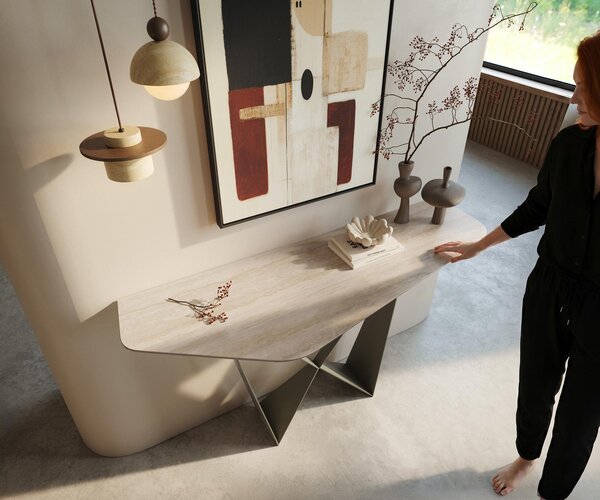DELIFE Konzolový stůl Edge polygonální 140×50 cm keramika Laminam® Travertino Bianco krémově bílá Spios kov titanová barva