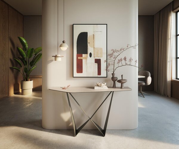 DELIFE Konzolový stůl Edge polygonální 140×50 cm keramika Laminam® Travertino Bianco krémově bílá Spios kov titanová barva