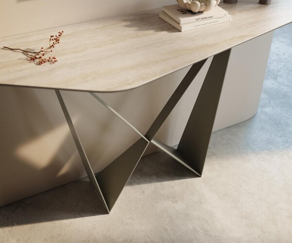DELIFE Konzolový stůl Edge polygonální 140×50 cm keramika Laminam® Travertino Bianco krémově bílá Spios kov titanová barva
