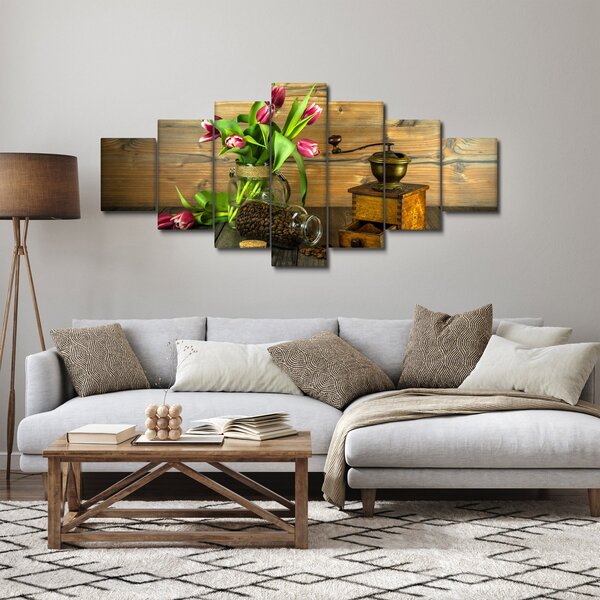 Obraz - tulipány, mlýnek a káva (210x100 cm)