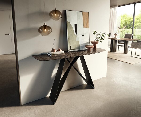 DELIFE Konzolový stůl Edge oválný tvar 140×40 cm keramika Emperador Extra Lucidato tmavě hnědá Velio kov černá