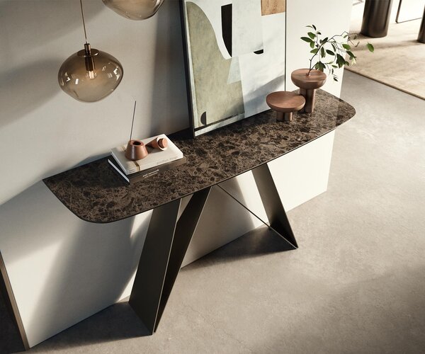 DELIFE Konzolový stůl Edge oválný tvar 140×40 cm keramika Emperador Extra Lucidato tmavě hnědá Velio kov titanová barva