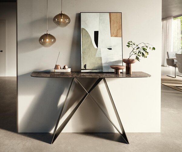 DELIFE Konzolový stůl Edge oválný tvar 140×40 cm keramika Emperador Extra Lucidato tmavě hnědá Velio kov titanová barva