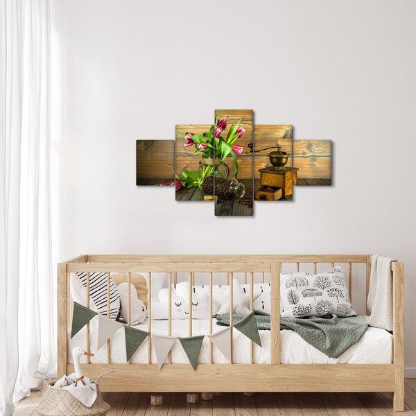 Obraz - tulipány, mlýnek a káva (125x70 cm)