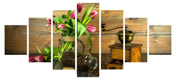 Obraz - tulipány, mlýnek a káva (210x100 cm)