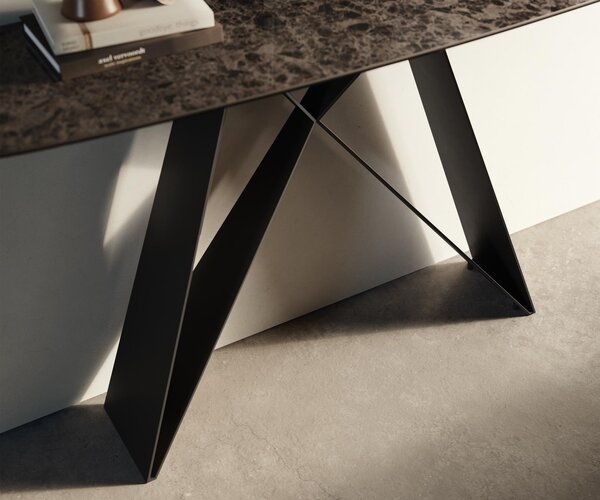 DELIFE Konzolový stůl Edge oválný tvar 140×40 cm keramika Emperador Extra Lucidato tmavě hnědá Velio kov černá