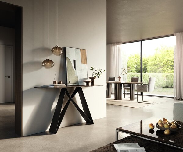 DELIFE Konzolový stůl Edge oválný tvar 140×40 cm keramika Emperador Extra Lucidato tmavě hnědá Velio kov černá