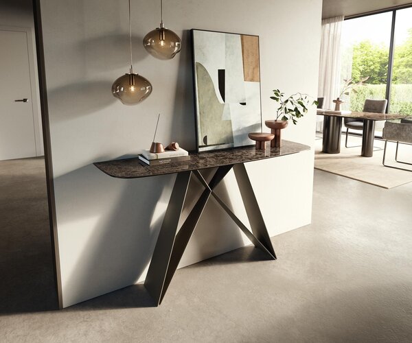 DELIFE Konzolový stůl Edge oválný tvar 140×40 cm keramika Emperador Extra Lucidato tmavě hnědá Velio kov titanová barva