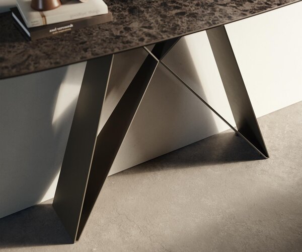 DELIFE Konzolový stůl Edge oválný tvar 140×40 cm keramika Emperador Extra Lucidato tmavě hnědá Velio kov titanová barva
