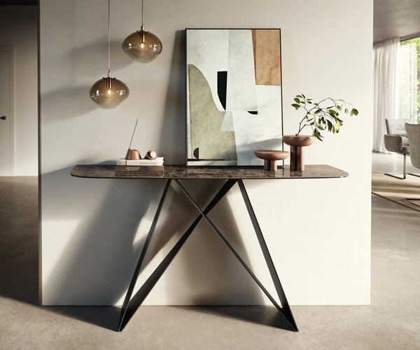 DELIFE Konzolový stůl Edge oválný tvar 140×40 cm keramika Emperador Extra Lucidato tmavě hnědá Velio kov černá