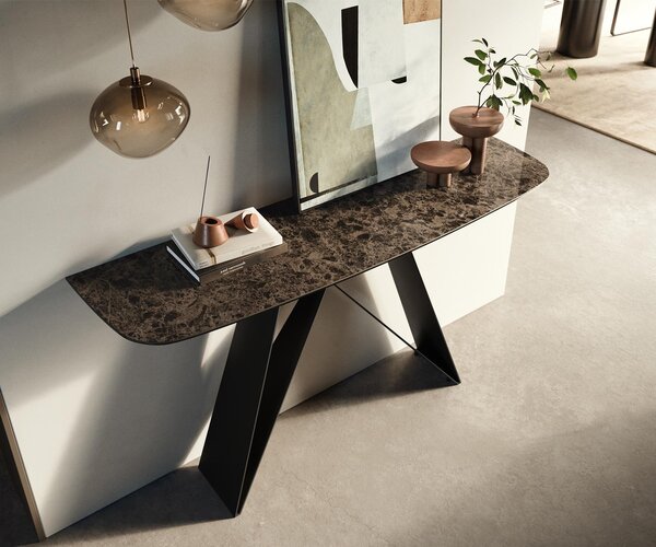 DELIFE Konzolový stůl Edge oválný tvar 140×40 cm keramika Emperador Extra Lucidato tmavě hnědá Velio kov černá